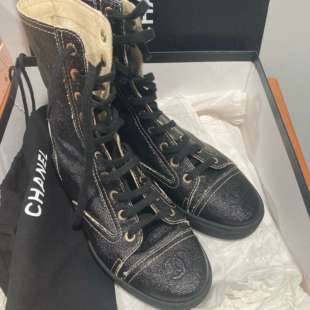 CHANEL Coated Canvas Lace Up Combat Boots 37 Black - Picture 8 of 15